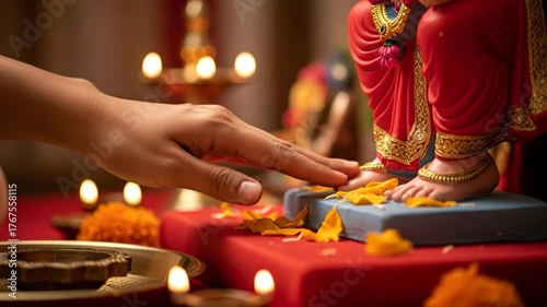 Devotee Performing a Sacred Hindu Puja Ritual at Home.