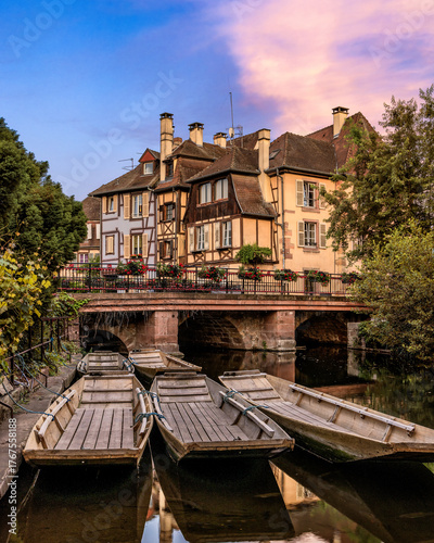 Beautiful charming scene in the historic old town of Colmar in Alsace, France 