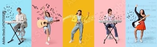Фотография Set of people playing musical instruments on color background