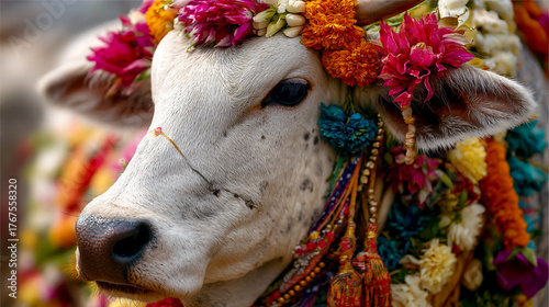 A white cow adorned with colorful floral garlands and symbols