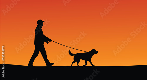 Silhouette of Man Walking Dog at Sunset