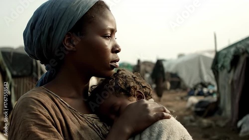 Heartbroken African American mother tenderly cuddling her slumbering child in a refugee settlement, showcasing the challenges faced by displaced families
