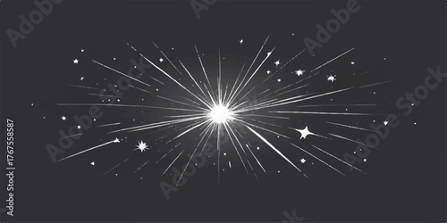 Bright, magic fireworks glitter across the night sky, a vector illustration for a festive holiday celebration on a black background