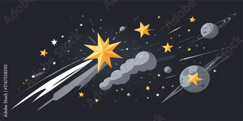 A dark blue galaxy sky with a cartoon space rocket and stars