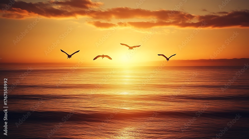 Fototapeta premium Birds Flying Over Wavy Golden Sea During Sunset or Sunrise with Cloudscape Scenery