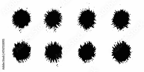 Collection of eight black ink splatters and drops with irregular edges on a white background