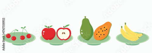 Fresh fruit plates set with cherries, apples, papaya, and bananas, clean vector for menus, labels, kitchen decor and healthy branding.