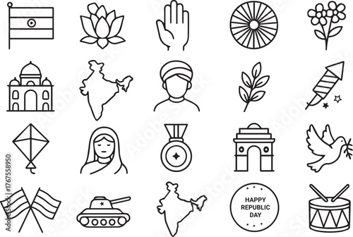 Line art illustration of indian republic day symbols isolated on white background, showcasing national pride and cultural heritage of the celebration