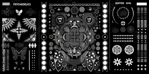 Abstract psychedelic collage with butterflies sunbursts and geometric patterns in grayscale