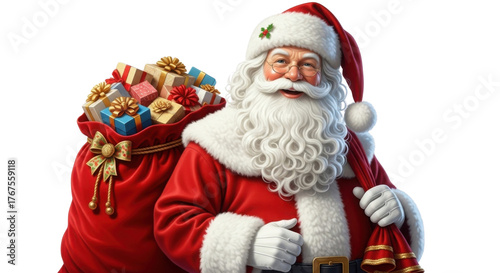 Santa Claus with sack full of Christmas gifts isolated PNG with Transparent Background