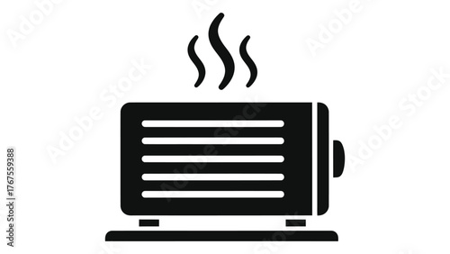 Black and icon of a toaster with heat waves rising, indicating it is hot