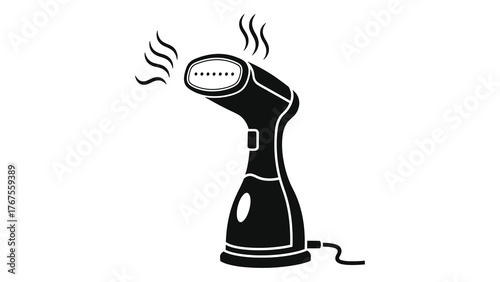 Black and icon of a handheld garment steamer emitting steam, on