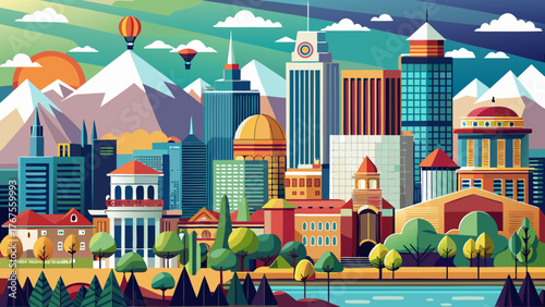 Very beautiful, Colorado Springs travel and tourism city skyline vector panoramic design, featuring modern architecture, mountain backdrop, clean lines, and elegant composition in a minimal contempora