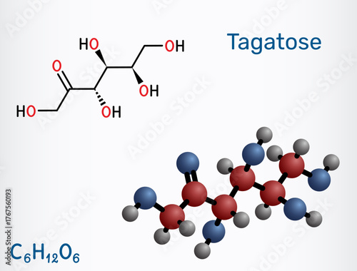 Tagatose molecule E957. Low-calorie sweetener for food and beverage, low glycemic index, prebiotic fermentation benefits. Structural formula and molecular model. Vector illustration