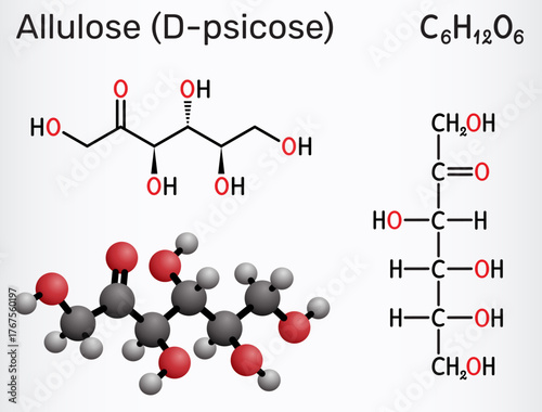 Allulose (D-psicose) molecule, ketohexose isomer of fructose, low-calorie and low-glycemic sweetener. Linear form, Fischer projection, 3D model. Vector illustration