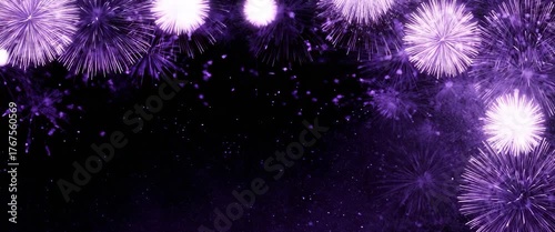 Dark festive background with purple fireworks for New Year 2026 celebration, ideal for party invitation, holiday banner, event poster, festive templates, seasonal greeting card design. Panoramic video