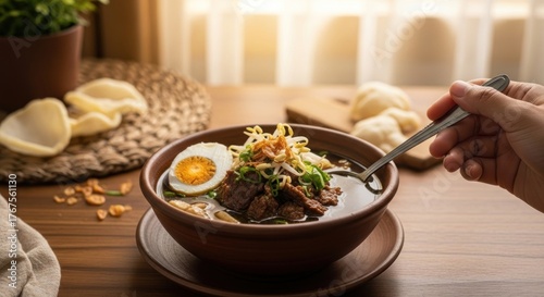 Fototapeta Naklejka Na Ścianę i Meble -  Rawon - Indonesian Beef Soup with Egg and Shrimp Crackers.
