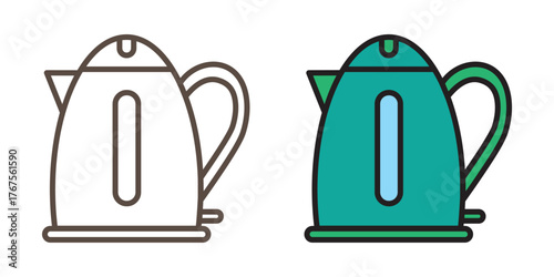 Electric kettle line and solid icons set isolated on transparent background. Kitchen appliance symbols for boiling water, tea, and coffee design. Editable stroke.