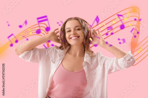 Happy young woman in headph...