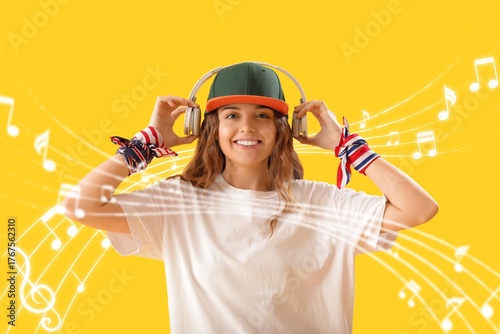 Happy young woman in headph...