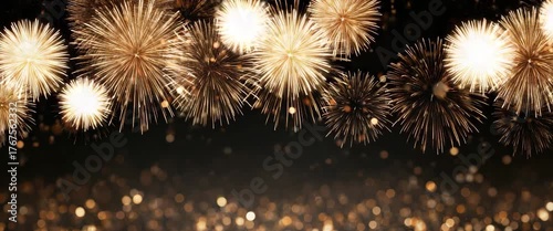 Dark festive background with golden fireworks for New Year 2026 celebration, ideal for party invitation, holiday banner, event poster, festive templates, seasonal greeting card design. Panoramic video