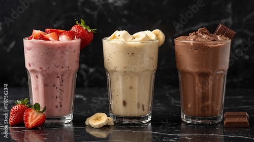 Three Milkshakes: Strawberry, Banana, and Chocolate on Black Marble Background