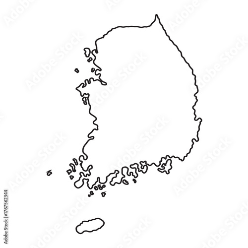 Geographical vector illustration of the Republic of Korea, a simple black line drawing of the country's national border