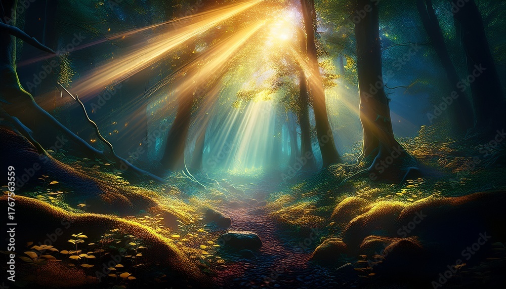 Obraz premium ethereal glowing particles swirl in sunbeams piercing a dark forest