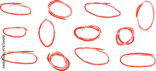 Hand-drawn Red Marker Highlight Circles. Vector scribble set for annotation, correction, and marking errors.
