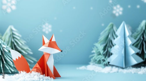 Holiday origami paper fox in Christmas 