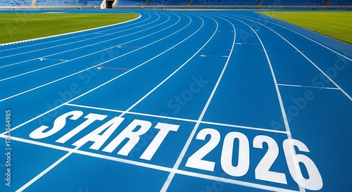 Blue running track with the words start 2026 painted on the surface, symbolizing the beginning of a new journey