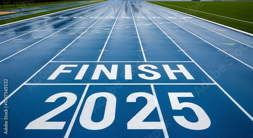 Finish line on a running track with the year 2025, symbolizing the end of the year and the accomplishment of goals