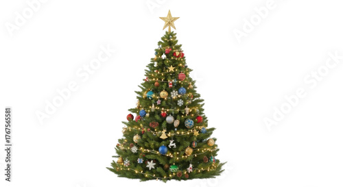 Decorated Christmas tree with ornaments and golden star isolated PNG with Transparent Background
