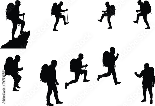 Silhouette of backpacker hiking and climbing mountain peaks in various poses, outdoor adventure trekking vector for travel and fitness concepts