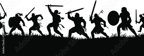 Silhouette of ancient warriors fighting with swords and shields in battlefield scene, historic combat vector illustration representing strength, bravery, culture and tradition