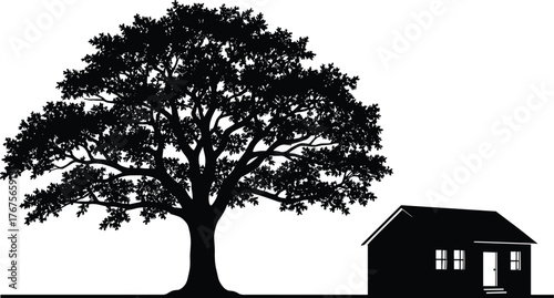 Silhouette of Big Tree Beside Small House Showing Nature Contrast, Peaceful Landscape, Rural Living, and Environmental Harmony for Vector Illustration Use