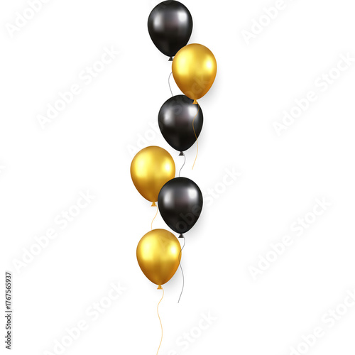 Elegant vertical cluster of black and golden metallic balloons against a dark background, perfect for upscale events or milestones.


