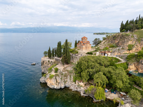 Church of Saint John Kaneo in Ohrid Town and Lake aerial view in North Macedonia