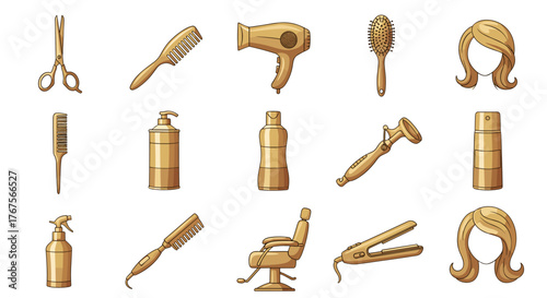 Golden Hairdressing Tools and Accessories Collection: Scissors, Combs, Brushes, Hairdryer, Curling Iron, Straightener, Spray Bottle, Shampoo, Conditioner, and Stylish Wigs on a Black Background