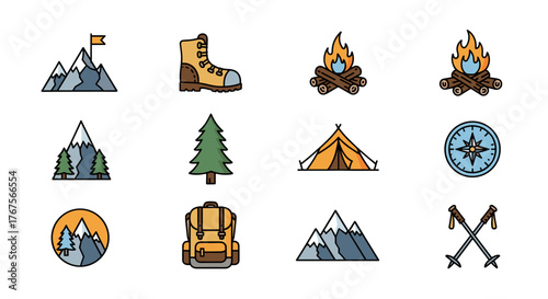 Collection of flat design icons representing outdoor adventure and camping activities, including mountains, hiking boots, campfire, tent, backpack, compass, pine trees, and ski poles, perfect for