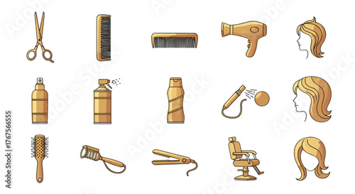Golden icons set for hairdressing and beauty salon: scissors, combs, hairdryer, hairspray, shampoo, styling tools, barber chair, and female hairstyles, isolated on black background, vector
