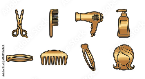 Golden icons of hairdressing tools and accessories arranged on a black background, including scissors, combs, a hairdryer, a bottle of shampoo, hair clips, and a stylized female head, representing