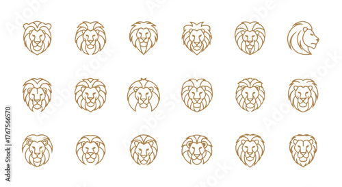 A striking collection of golden lion head icons, presented in a minimalist geometric line art style against a stark black background. These versatile graphics feature various stylized lion faces