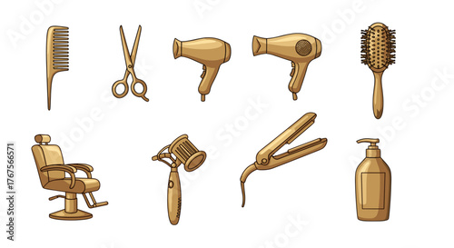 Golden collection of professional hairdressing tools and accessories, including a barber chair, scissors, comb, hair dryer, hairbrush, curling iron, and shampoo dispenser, isolated on a black