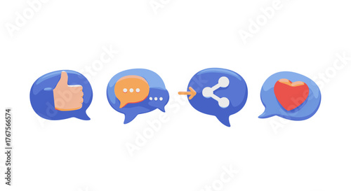 A vibrant 3D illustration showcasing a sequence of social media interaction icons within speech bubbles: a thumbs-up, chat messages, a share symbol with an arrow, and a heart, all rendered in a
