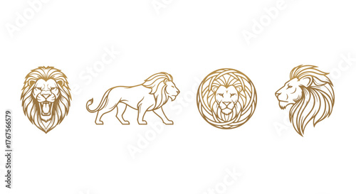 Set of four stylized golden lion graphics on a black background, featuring a full face, a profile, a walking lion, and a circular emblem, perfect for logos, emblems, and regal design elements.