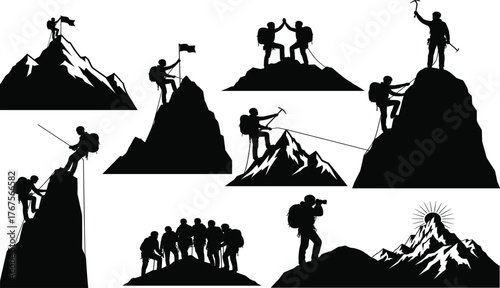 Silhouette of mountain climbers hiking teamwork adventure reaching summit success concept, group of explorers conquering peaks with motivation and victory.