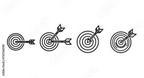 A series of four white outline targets with arrows, presented in a horizontal line against a black background, symbolizing goals, accuracy, and progress in a minimalist, modern aesthetic suitable for