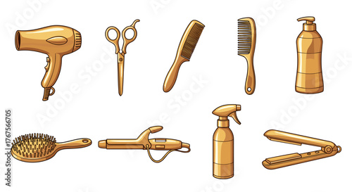 Golden Collection of Professional Hairdressing Tools Arranged on a Black Background, Featuring a Hair Dryer, Scissors, Combs, Brushes, Curling Iron, Straightener, and Spray Bottle, Ideal for Beauty