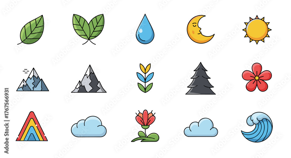Naklejka premium Collection of stylized flat icons representing natural elements and phenomena, including leaves, water drop, moon, sun, mountains, tree, flower, clouds, rainbow, and ocean wave, set against a black